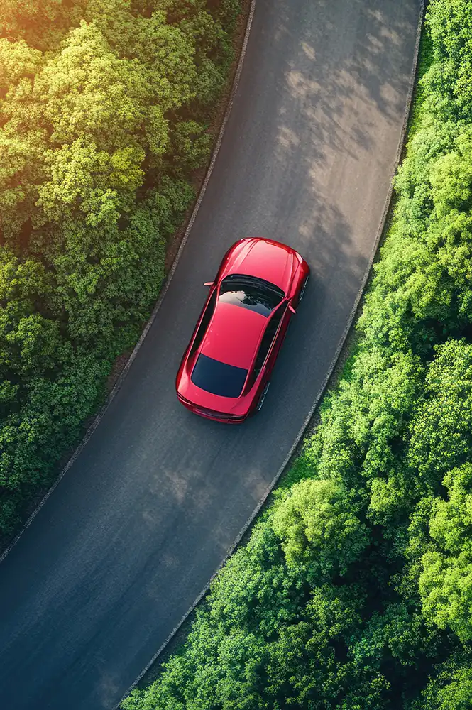Rotes Auto fährt auf einer Landstraße zwischen Bäumen